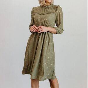 Baltic Born Green Pintucked Gold Dot Ruffle Midi Dress Size Large